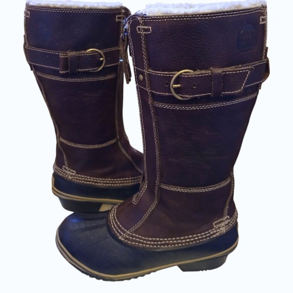 SOREL Brown Leather Zip-Up Fur Lined Tall Riding Winter Boots 7M